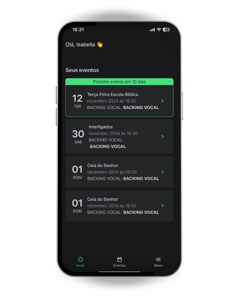 Interface do app Escala